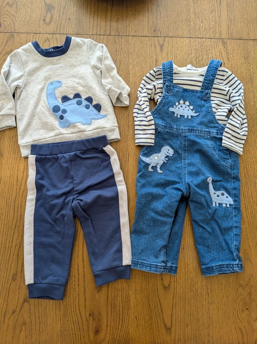 Little Me Blue Denim Dino Overalls & Lounge Outfit, Sz. 12 Months